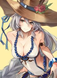 Rule 34 | 10s, 1girl, animal ears, armlet, bare shoulders, belt, blush, bracelet, braid, breasts, brown eyes, cleavage, ears through headwear, erune, granblue fantasy, hair between eyes, hair tubes, hat, heles, heles (summer) (granblue fantasy), highres, jewelry, large breasts, leaning forward, long hair, looking at viewer, one-piece swimsuit, silver hair, simple background, single braid, smile, solo, straw hat, swimsuit, very long hair, watao, white one-piece swimsuit, yellow background