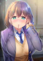 Rule 34 | 1girl, ai-chan (tawawa), blush, braid, breasts, brown hair, earrings, food, getsuyoubi no tawawa, green eyes, hair ornament, hand to head, holding, holding food, jewelry, large breasts, looking at viewer, necktie, open mouth, pocky, school uniform, shirt, short hair, side braid, skirt, solo, sweater vest, yellow sweater vest
