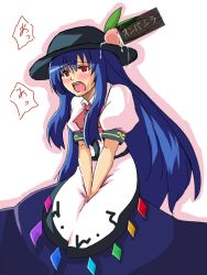 Rule 34 | 1girl, bad id, bad pixiv id, blue hair, blush, female focus, food, fruit, hat, hinanawi tenshi, long hair, peach, red eyes, reon (pixiv), reon (saikyou), sexually suggestive, solo, touhou, uncommon stimulation