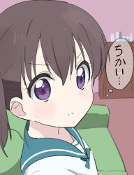 Rule 34 | 1girl, black hair, commentary, kuraue hinata, looking at viewer, serious, speech bubble, tonmoh, translated, twintails, uniform, yama no susume