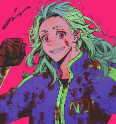 Rule 34 | 1girl, bim0ngsam0ng, blood, blood on clothes, blood on face, blue jacket, brown gloves, character name, dorohedoro, eyelashes, flexing, gloves, grin, jacket, long hair, long sleeves, messy hair, muscular, muscular female, noi (dorohedoro), pink background, pink eyes, smile, solo