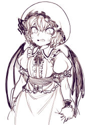 Rule 34 | 1girl, bat wings, brooch, dress, dress tug, fang, hat, jewelry, mob cap, monochrome, nervous, nose, remilia scarlet, short hair, spacezin, sweat, tagme, touhou, white background, wings