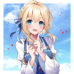 Rule 34 | 1girl, :d, blonde hair, blue dress, blue eyes, blue ribbon, blush, braid, breasts, commentary request, copyright request, day, dress, hair ribbon, hands up, highres, index finger raised, kisaragi yuri, looking at viewer, medium breasts, medium hair, open mouth, outdoors, petals, ribbon, shirt, smile, solo, white shirt