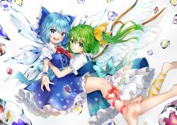 Rule 34 | 2girls, barefoot, blue bow, blue dress, blue eyes, blue hair, blush, bow, cirno, closed mouth, collared shirt, daiyousei, dress, fairy, fairy wings, frilled dress, frilled shirt collar, frills, green eyes, green hair, hair between eyes, hair bow, highres, ice, ice wings, long hair, multiple girls, open mouth, puffy short sleeves, puffy sleeves, shironeko yuuki, shirt, short hair, short sleeves, side ponytail, smile, teeth, touhou, upper teeth only, white shirt, wings