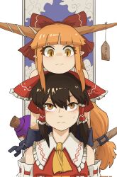 Rule 34 | 2girls, bow, breasts, brown eyes, brown hair, detached sleeves, dress, hair bow, hakurei reimu, head rest, highres, horns, ibuki suika, looking at another, looking up, multiple girls, nontraditional miko, oni horns, onionmay, orange eyes, orange hair, red bow, red dress, small breasts, smile, touhou, white background