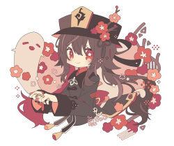 Rule 34 | 1girl, black hat, black nails, black ribbon, blush, boo tao (genshin impact), bracelet, brown coat, brown hair, closed mouth, coat, coattails, commentary request, cropped torso, fingernails, floating hair, flower, flower-shaped pupils, genshin impact, ghost, ghost pose, hair between eyes, hands up, hat, hat flower, hat ribbon, highres, hu tao (genshin impact), jewelry, long hair, long sleeves, looking at viewer, multiple rings, nail polish, plum blossoms, porkpie hat, red eyes, red flower, red shirt, ribbon, ring, rororoyu, shirt, sidelocks, signature, simple background, sleeve cuffs, smile, solo, symbol-shaped pupils, tassel, twintails, upper body, very long hair, white background