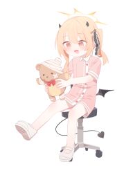 Rule 34 | 1girl, absurdres, aimpoleume, blue archive, blush, brown eyes, brown hair, cosplay, demon horns, demon tail, demon wings, fang, halo, highres, holding, holding stuffed toy, horns, ibuki (blue archive), jacket, loafers, long hair, low wings, on chair, open mouth, pink jacket, serina (blue archive), serina (blue archive) (cosplay), serina (nurse) (blue archive), shoes, short sleeves, sidelocks, simple background, sitting, solo, stuffed animal, stuffed toy, tail, teddy bear, white background, white footwear, wings, yellow halo