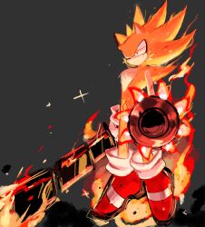 Rule 34 | animal ears, fire, flaming sword, flaming weapon, furry, furry male, gloves, hedgehog, hedgehog boy, hedgehog ears, highres, red eyes, shield, shoes, sonic (series), sonic the hedgehog, spiked hair, super sonic, sword, usa37107692, weapon, yellow fur