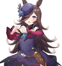 Rule 34 | 1girl, :d, animal ears, blue flower, blue rose, blush, breasts, brown hair, commentary, cowboy shot, dagger, dress, flower, fur collar, hair over one eye, hat, hat flower, heart, heart hands, highres, horse ears, horse girl, knife, long hair, long sleeves, looking at viewer, mint (psmin30), off-shoulder dress, off shoulder, open mouth, pink eyes, purple dress, purple hat, red sleeves, rice shower (umamusume), rose, sheath, sheathed, small breasts, smile, solo, symbol-only commentary, umamusume, weapon, white background