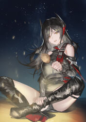 Rule 34 | 1girl, absurdres, arknights, bare shoulders, black footwear, black hair, black jacket, black sky, boots, clothing cutout, covered navel, cross-shaped pupils, crossed ankles, embers, food, full body, hand on own ankle, hand on own leg, highres, holding, ines (arknights), jacket, long hair, long sleeves, looking at viewer, making-of available, night, night sky, on ground, open mouth, outdoors, shoe soles, shoulder cutout, sitting, sky, solo, star (sky), symbol-shaped pupils, thigh boots, video thumbnail, yellow eyes, yiyanbanshengchou