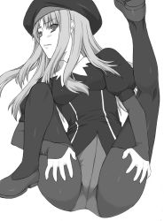 Rule 34 | 00s, 1girl, caren hortensia, crotch seam, fate/hollow ataraxia, fate/stay night, fate (series), greyscale, hat, layered sleeves, legs up, long hair, monochrome, pantyhose, shichimenchou, simple background, solo, thighhighs, thighhighs over pantyhose