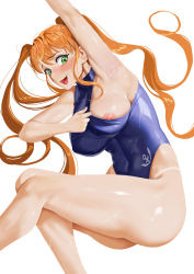 Rule 34 | 1girl, absurdres, arm up, armpits, ass, blue one-piece swimsuit, blush, breasts, clothes pull, competition swimsuit, covered navel, green eyes, highleg, highleg swimsuit, highres, large breasts, last origin, long hair, looking at viewer, moonlit, nereid (last origin), nipple slip, nipples, nose blush, one-piece swimsuit, one-piece swimsuit pull, one breast out, open mouth, orange hair, simple background, smile, solo, swimsuit, thighs, tongue, tongue out, twintails, very long hair, wet, wet clothes, white background