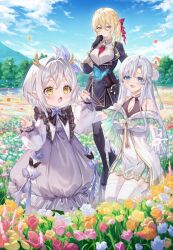 Rule 34 | 3girls, bare shoulders, beckoning, blue butterfly, blue eyes, blue sky, breasts, bug, butterfly, character request, child, cleavage, commentary, cover, cover page, day, field, flower, flower field, highres, horns, insect, multiple girls, novel cover, open mouth, outdoors, outstretched arms, pointy ears, sky, standing, tensei shita last boss wa isekai wo tanoshimimasu, yellow eyes, yuya (night lily)