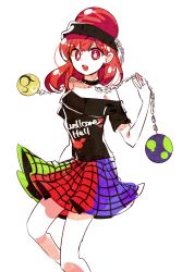 Rule 34 | 1girl, bare shoulders, black shirt, black sleeves, blue skirt, chain, clothes writing, earth (ornament), gold chain, green skirt, hair between eyes, hand up, heart, heart print, hecatia lapislazuli, highres, looking at viewer, medium hair, moon (ornament), multicolored clothes, multicolored skirt, open mouth, red eyes, red hair, red skirt, shirt, short sleeves, simple background, skirt, solo, standing, t-shirt, tama (hiroshige 36), touhou, white background
