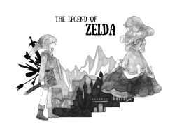 Rule 34 | 1boy, 1girl, absurdres, arrow (projectile), boots, bow, castle, copyright name, dress, english text, facing another, floating hair, from side, greyscale, hat, highres, holding, holding shield, holding sword, holding weapon, link, long hair, long sleeves, looking back, monochrome, mountainous horizon, nintendo, planstar, pointy ears, pointy hat, princess zelda, profile, shield, short hair, sidelocks, simple background, stairs, standing, sword, the legend of zelda, traditional media, tunic, weapon