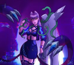 Rule 34 | 1girl, artist name, claws, coksii, commentary, demon, demon girl, english commentary, evelynn (league of legends), highres, k/da (league of legends), k/da all out evelynn, league of legends, looking at viewer, skirt, snake, solo, statue, thighhighs, yellow eyes