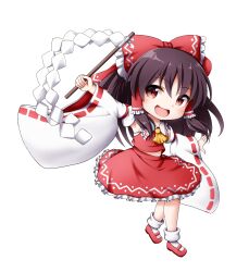 Rule 34 | 1girl, :d, black hair, bow, brown eyes, chibi, detached sleeves, frilled bow, frilled skirt, frills, full body, gohei, hair between eyes, hair bow, hair tubes, hakurei reimu, highres, holding, holding stick, kuena, long hair, long sleeves, open mouth, red bow, red footwear, red shirt, red skirt, ribbon-trimmed sleeves, ribbon trim, shirt, shoes, simple background, skirt, skirt set, sleeveless, sleeveless shirt, smile, socks, solo, stick, touhou, very long hair, white background, white sleeves, white socks, wide sleeves