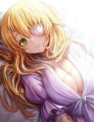 Rule 34 | 1girl, blonde hair, boroboro no elf-san o shiawaseni suru kusuri uri-san, dress, elf, eyepatch, frilled sleeves, frills, gibagiba, green eyes, hair between eyes, highres, light smile, looking at viewer, lying, nightgown, notched ear, on back, one eye covered, pointy ears, puffy short sleeves, puffy sleeves, purple dress, reszurre, scar, scar on face, shiny clothes, shiny skin, short sleeves, solo