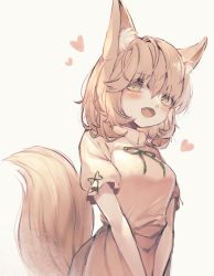 Rule 34 | 1girl, animal ears, bright pupils, brown eyes, brown hair, fang, fox ears, fox tail, heart, kitsune, kudamaki tsukasa, looking at viewer, open mouth, romper, sekisei (superego51), short hair, short sleeves, simple background, solo, standing, tail, touhou, v arms, white background, white pupils