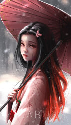 Rule 34 | 1girl, absurdres, artist name, black hair, commentary, english commentary, eyelashes, from side, gradient hair, hair ribbon, highres, holding, holding umbrella, japanese clothes, kamado nezuko, kimetsu no yaiba, kimono, long hair, looking at viewer, micabuns, multicolored hair, oil-paper umbrella, parted lips, pink eyes, pink kimono, red hair, red umbrella, ribbon, signature, snow, snowing, solo, two-tone hair, umbrella, upper body