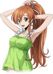 Rule 34 | 1girl, armpits, arms up, artist request, breasts, code geass, code geass: lost stories, collarbone, cropped torso, female focus, frilled shirt, frills, game cg, green eyes, green shirt, hair between eyes, hair ribbon, happy, long hair, looking at viewer, medium breasts, midriff peek, navel, non-web source, official art, open mouth, orange hair, ponytail, ribbon, shirley fenette, shirt, sidelocks, simple background, sleeveless, sleeveless shirt, smile, solo, spaghetti strap, standing, transparent background, tying hair, upper body, white ribbon