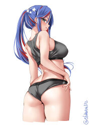 Rule 34 | 1girl, alternate costume, ass, back, bare shoulders, black panties, black sports bra, blue hair, blush, breasts, cropped legs, ebifurya, highres, kantai collection, large breasts, long hair, looking at viewer, multicolored hair, one-hour drawing challenge, panties, red hair, simple background, skindentation, smile, solo, south dakota (kancolle), sports bra, star (symbol), underwear, wedgie, white background, white hair