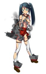 Rule 34 | 1girl, adapted turret, anchor, aqua eyes, blue hair, blush stickers, bow, bullpup, burnt clothes, closed mouth, damaged, dark blue hair, detached sleeves, full body, gun, hair bow, hands on own chest, highres, isuzu (kancolle), kantai collection, kuuro kuro, loafers, long hair, looking at viewer, navel, official art, red bow, red skirt, rigging, sailor collar, shide, shirt, shoes, skirt, smoke, solo, soot, thighhighs, torn clothes, torn shirt, torn thighhighs, torpedo tubes, transparent background, twintails, weapon, white bow, white thighhighs