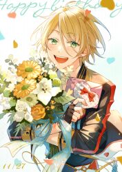 Rule 34 | 1boy, black gloves, blonde hair, bouquet, commentary, dated, earrings, ensemble stars!, envelope, fingerless gloves, flower, gloves, gradient background, green eyes, hair between eyes, happy birthday, heart, high collar, holding, holding bouquet, holding envelope, jewelry, leaf, long sleeves, male focus, open mouth, red ribbon, ribbon, seuga, shiratori aira (ensemble stars!), short hair, sleeves past elbows, smile, solo, teeth, upper teeth only, white flower, yellow flower