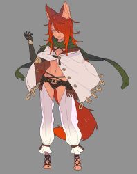 Rule 34 | 1girl, absurdres, animal ears, belt, black panties, cape, closed mouth, contrapposto, criss-cross halter, enkyo yuuichirou, fox ears, fox tail, full body, green scarf, grey background, hair over one eye, halterneck, hand up, highres, knee pads, looking at viewer, navel, open pants, original, panties, pants, red hair, sandals, scarf, simple background, solo, standing, tail, underwear, white cape, white pants