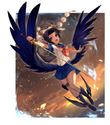 Rule 34 | 1girl, absurdres, black hair, bow, cloud, cloudy sky, commission, feathered wings, full body, hair bow, head wings, highres, holding, holding sword, holding weapon, leg wings, loafers, long hair, looking at viewer, low wings, midriff peek, neckerchief, open mouth, original, outdoors, parted bangs, pleated skirt, pom pom (clothes), ponytail, purple eyes, school uniform, serafuku, shoes, short sleeves, skeb commission, skirt, sky, socks, solo, sunset, sword, tengu, teo (telo ruka), thigh strap, v-shaped eyebrows, very long hair, weapon, wings