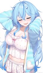 Rule 34 | 1girl, ahoge, blue coat, blue hair, blue jacket, blush, breasts, camisole, cleavage, coat, colored tips, elf, frilled camisole, frills, fur trim, hair between eyes, heart, heart ahoge, highres, hololive, jacket, large breasts, long hair, midriff, multicolored hair, official alternate costume, open clothes, open mouth, pointy ears, polka dot camisole, sleepwear, smile, streaked hair, striped clothes, striped jacket, virtual youtuber, white camisole, yoako, yukihana lamy, yukihana lamy (4th costume)