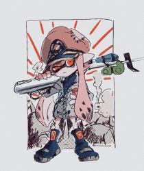 Rule 34 | 1girl, angry, blue footwear, blue shirt, brown hat, frown, full body, grey jacket, guifan, gun, hand on own hip, hat, head tilt, holding, holding water gun, inkling, inkling girl, inkling player character, jacket, long hair, long sleeves, looking at viewer, nintendo, patchwork clothes, pink hair, pointy ears, red eyes, rifle, rock, shirt, shoes, smoke, sniper rifle, solo, splatoon (series), standing, water gun, weapon, white background