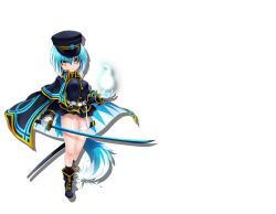 Rule 34 | 1girl, animal ears, asagi (bombergirl), black headwear, black skirt, blue hair, bombergirl, brown eyes, closed mouth, full body, gloves, holding, holding sword, holding weapon, long sleeves, looking at viewer, multicolored hair, official art, pleated skirt, short hair, skirt, solo, sword, tail, transparent background, weapon, white gloves, white hair, wolf ears, wolf girl, wolf tail