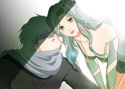 Rule 34 | 1boy, 1girl, aged up, breasts, detached sleeves, edward geraldine, final fantasy, final fantasy iv, final fantasy iv: the after years, green eyes, green hair, hair ornament, highres, long hair, looking at viewer, medium breasts, open mouth, rydia (ff4), simple background, smile, user anzs2882