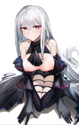 Rule 34 | absurdres, arknights, blush, breasts, breasts out, highres, kneeling, legs together, long hair, looking at viewer, medium breasts, mizuhashi parusui, nipples, pout, red eyes, simple background, sitting, skadi (arknights), white background, white hair