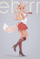 Rule 34 | 1girl, animal ears, artist name, bare shoulders, blonde hair, boots, brown footwear, ehrrr, flower, fox ears, fox tail, full body, hair flower, hair ornament, high heel boots, high heels, highres, knee boots, long hair, looking at viewer, necktie, original, own hands together, plaid, plaid necktie, plaid neckwear, plaid skirt, red eyes, skirt, sleeveless, solo, tail, two side up