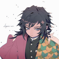 Rule 34 | 1boy, absurdres, bishounen, black hair, black jacket, blue eyes, chinese commentary, closed mouth, commentary request, haori, highres, jacket, japanese clothes, kimetsu no yaiba, long hair, looking at viewer, male focus, multicolored hair, red jacket, red pupils, signature, simple background, solo, streaked hair, taowu (20809), tomioka giyuu, upper body, white background, white hair