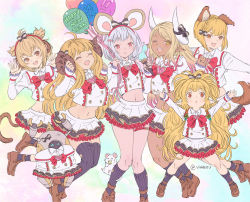 Rule 34 | 2020, 6+girls, :d, ahoge, andira (granblue fantasy), anila (granblue fantasy), animal, animal ears, balloon, black legwear, blonde hair, blunt bangs, blush, bow, braid, breasts, brooch, brown footwear, cheese, closed eyes, collared shirt, cosplay, dark-skinned female, dark skin, dog ears, dog tail, draph, erune, fake animal ears, fang, food, granblue fantasy, hair bow, hair ornament, hairband, hairclip, happy new year, harvin, heart, heart brooch, horns, ice cream, jewelry, jumping, kumbhira (granblue fantasy), large breasts, long hair, long sleeves, looking at viewer, mahira (granblue fantasy), midriff, monkey ears, monkey tail, mouse (animal), mouse ears, multiple girls, navel, new year, open mouth, pleated skirt, pointy ears, red eyes, sheep horns, shirt, short hair, silver hair, skirt, smile, tail, thighhighs, two side up, vajra (granblue fantasy), very long hair, vikala (granblue fantasy), vikala (granblue fantasy) (cosplay), vinhnyu, white shirt, white skirt, yellow eyes