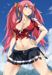 Rule 34 | 1girl, birds, blue eyes, blue sky, blush, breasts, cleavage, closed mouth, cloud, collarbone, curvy, determined, fairy tail, gaston18, hair between eyes, hair ribbon, hair ribbons, hand on own hip, highres, large breasts, lips, long hair, looking to the side, midriff, navel, outdoors, pink hair, ribbon, serious, sheria blendy, shirt, short sleeves, skirt, sky, solo, standing, thighs, torn clothes, torn shirt, torn skirt, twintails, wide hips