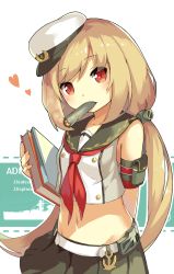 Rule 34 | 1girl, admiral scheer (warship girls r), anchor, arm behind back, armband, belt, black skirt, blonde hair, blush, book, breasts, buttons, crop top, double-breasted, female focus, hat, heart, highres, holding, holding book, lino-lin, long hair, looking at viewer, low twintails, midriff, military, military vehicle, miniskirt, multicolored background, navel, outline, peaked cap, pleated skirt, red eyes, sailor, sailor collar, ship, shirt, simple background, skirt, sleeveless, small breasts, smoking, solo, text background, torpedo, twintails, upper body, very long hair, warship, warship girls r, watercraft, white background, white belt, white hat, white outline, white shirt