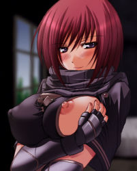 Rule 34 | 1girl, abu, blush, breast hold, breasts, elbow gloves, fingerless gloves, gloves, large breasts, naughty face, nel zelpher, nipple slip, nipples, no bra, purple eyes, red hair, scarf, seductive smile, short hair, smile, solo, square enix, star ocean, star ocean till the end of time