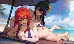 Rule 34 | 2girls, :d, ahoge, applying sunscreen, ass, ass grab, barefoot, beach, beach umbrella, bikini, black hair, blue sky, blush, breasts, butt crack, cleavage, cloud, commentary, commission, covered erect nipples, day, english commentary, grabbing another&#039;s ass, green bikini, green eyes, hand on another&#039;s ass, hand on another&#039;s shoulder, high ponytail, high school dxd, himejima akeno, large breasts, long hair, looking at another, lying, micro bikini, multiple girls, on stomach, one-piece swimsuit, open mouth, outdoors, purple eyes, purple one-piece swimsuit, purple slingshot swimsuit, qblade, red hair, revision, rias gremory, sky, slingshot swimsuit, smile, swimsuit, umbrella, very long hair, yuri