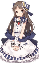 Rule 34 | 1girl, blue bow, blue bowtie, blue ribbon, bow, bowtie, brown eyes, brown hair, commentary, english commentary, frills, hair ribbon, highres, idolmaster, idolmaster cinderella girls, long hair, looking at viewer, parted lips, ribbon, shawl, shone, simple background, sleeveless, smile, solo, tachibana arisu, v arms, white background, wrist cuffs