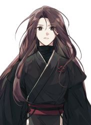 Rule 34 | 1girl, brown hair, closed mouth, dobok, expressionless, hair strand, long hair, long sleeves, return of the mount hua sect, safour, sash, solo, turtleneck, upper body, white background, yu iseol (return of the mount hua sect)