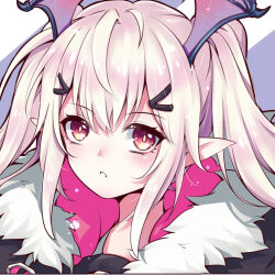 Rule 34 | 1girl, arknights, blonde hair, brown hair, coat, eyelashes, fur-trimmed coat, fur trim, hair ornament, hairclip, head wings, long hair, looking at viewer, manticore (arknights), open mouth, pointy ears, portrait, sidelocks, solo, twintails, varinr, wings