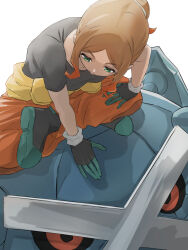 Rule 34 | 1girl, black footwear, boots, brown hair, closed mouth, clothes around waist, commentary request, creatures (company), game freak, gen 3 pokemon, gloves, green eyes, highres, itsudzumi, looking down, metagross, multicolored hair, nintendo, orange hair, orange pants, orla (pokemon), pants, parted bangs, pokemon, pokemon (anime), pokemon (creature), pokemon horizons, riding, riding pokemon, shirt, short sleeves, sidelocks, sitting, smile, t-shirt, white background