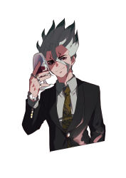 Rule 34 | 1boy, absurdres, alcohol, black suit, brown necktie, cup, dr. stone, drinking glass, formal, highres, holding, holding cup, ishigami senkuu, jewelry, kuroha dayo, long sleeves, looking at viewer, male focus, necktie, red eyes, ring, simple background, solo, spiked hair, suit, upper body, watch, white background, wine glass, wristwatch
