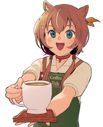 Rule 34 | 1girl, animal ears, apron, ayunda risu, brown hair, choker, coffee, coffee mug, coffee talk, cup, green eyes, hair ornament, hairclip, highres, hololive, hololive indonesia, looking at viewer, low twintails, malammart, mug, open mouth, solo, squirrel ears, squirrel girl, twintails, virtual youtuber