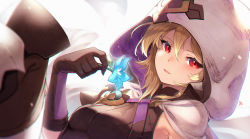Rule 34 | 1girl, alex (dragalia lost), black gloves, blonde hair, blue flower, brooch, cape, cloak, dragalia lost, flower, gloves, hair between eyes, highres, hood, jewelry, looking at viewer, nakabayashi zun, red eyes, simple background, solo, white background, white cloak