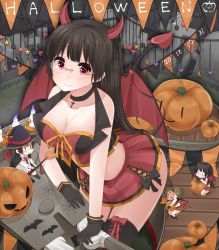 Rule 34 | 10s, 25mm triple autocannon mount, 4girls, :3, bare shoulders, bat (animal), black gloves, black hair, black legwear, breasts, broom, brown hair, candy, choker, choukai (kancolle), cleavage, costume, crescent moon, dated, demon girl, demon horns, demon tail, demon wings, fairy (kancolle), fake horns, fake tail, fake wings, food, glasses, gloves, grave, hair ornament, halloween, halloween costume, hat, heart, highres, horns, jack-o&#039;-lantern, kantai collection, large breasts, long hair, look-alike, looking at viewer, midriff, mini person, minigirl, moon, multiple girls, hugging object, pleated skirt, pumpkin, red eyes, ribbon, rimless eyewear, semi-rimless eyewear, short hair, skilled lookouts (kancolle), skirt, smile, spider web print, star (symbol), tail, thighhighs, tombstone, under-rim eyewear, wings, witch hat, yukichi (sukiyaki39), | |